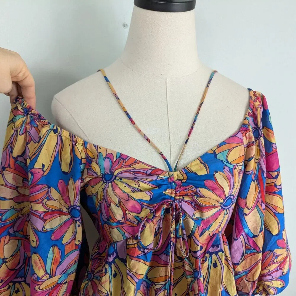 Farm Rio Top S Multicolor Floral Long Sleeve Puff Blouse Tropical Anthropologie